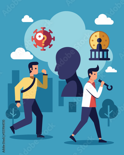 As they continue to search for an escape their thoughts become muddled and confused unsure of what is real and what is a result of the psychological manipulation.. Vector illustration