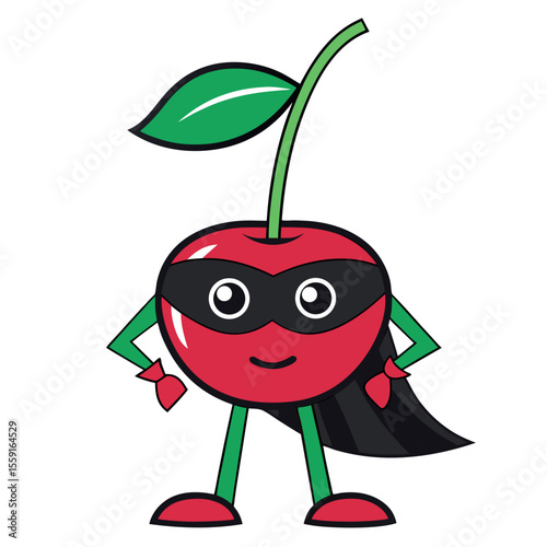 Cute cartoon cherry character dressed as a superhero with a cape and mask isolated on white background