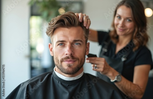 Attractive blue-eyed man in barbershop getting haircut from female barber. Client sits chair with pro barber. Hairstylist trims hair using scissors. Guy in salon with stylish coiffure, modern trendy