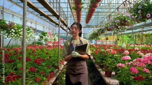 Asian woman working in greenhouse holding clipboard inspecting flowers and taking notes.