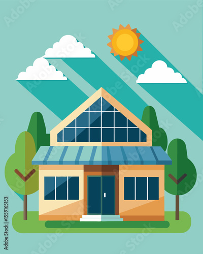 A community center with solar panels installed on its roof proudly showcasing its commitment to sustainability.. Vector illustration