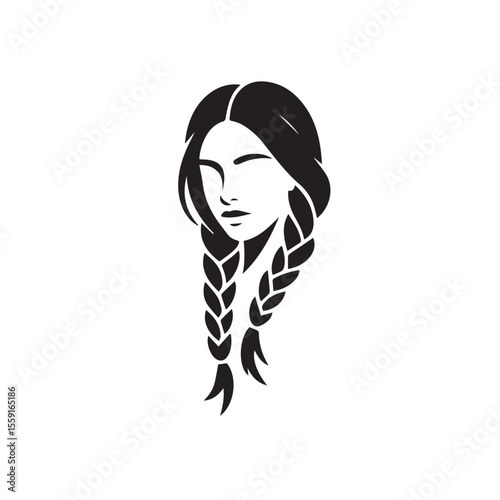 Beautiful female face with long hair braids design isolated on white background