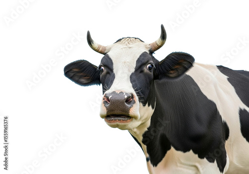 A black and white cow is the central subject. its head and upper body prominent