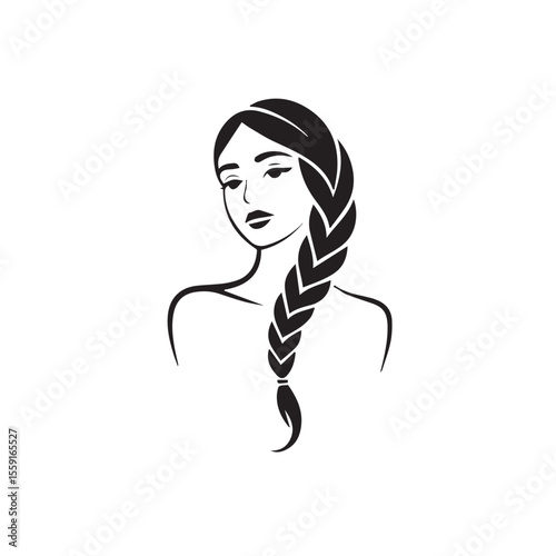 Beautiful female face with long hair braids design isolated on white background