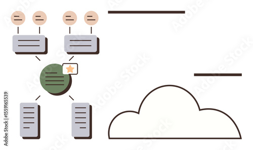 Cloud formation linked to nodes and files via lines, visualizing data syncing and sharing. Ideal for cloud computing, data transfer, networking, collaboration, file storage, IT infrastructure, simple