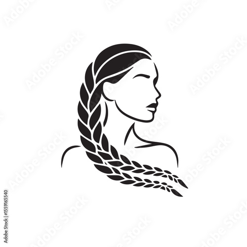 Beautiful female face with long hair braids design isolated on white background