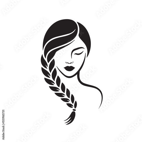 Beautiful female face with long hair braids design isolated on white background