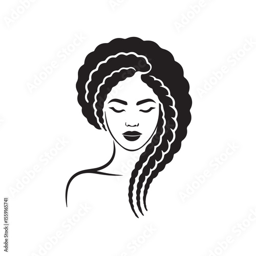 Beautiful female face with long hair braids design isolated on white background