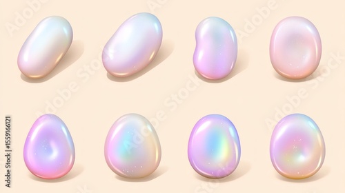 Set of  Irridescent,  Geometric  Shapes,  Pastel  Color  Gradient,  3D  Render