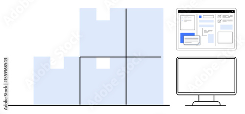 Stacked boxes and warehouse layout alongside monitoring via computer dashboard representing logistics. Ideal for warehouse organization, technology integration, inventory management, logistics