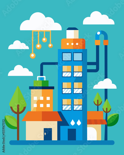A hotel implementing water conservation measures such as lowflow fixtures and linen reuse programs.. Vector illustration