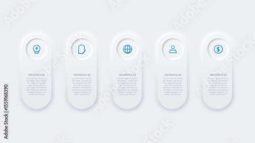 Neumorphic flow chart infographic. Creative concept for infographic with 5 steps, options, parts or processes.