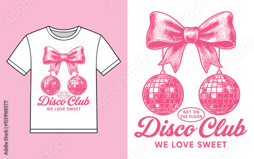 Disco club bow and disco balls t shirt design vector illustration