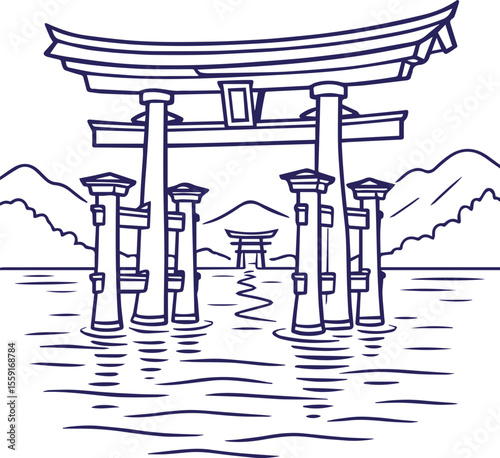 Japanese torii gates in water with mountain background line art
