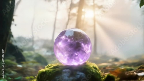Mystical Purple Energy Orb in Enchanted Forest at Sunrise