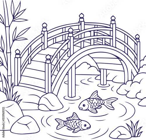 Arched bridge over koi pond in Japanese garden line art