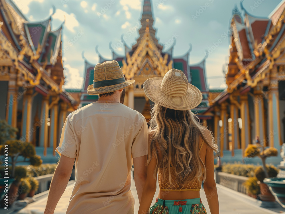 Fototapeta premium Couple holding hands, seen from behind, admiring ornate golden Thai temple