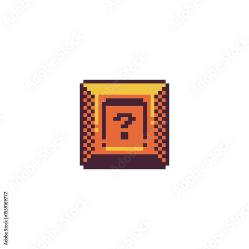 Pixel art help button retro 8-bit icon with question mark question mark, styled in classic 8-bit game design, help, tutorial, or info functions in game interfaces, HUDs, or menu panels.