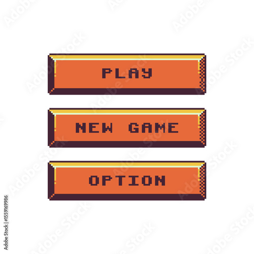Pixel art horizontal menu buttons 8-bit game UI elements , Play, New Game, and Option, video game main menus and RPG interfaces.