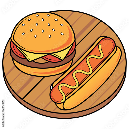 Delicious hamburger and hot dog with mustard on a wooden platter isolated on white background