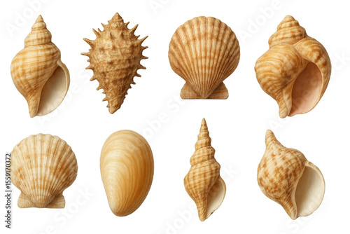 Eight seashells isolated on transparent background, creating a beautiful arrangement of marine life forms
