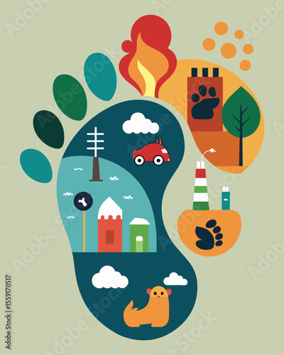 A footprint embedded with images of factory farming including crowded pens polluted waterways and ane emissions.. Vector illustration