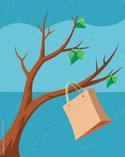 A discarded shopping bag caught in the branches of a tree a reminder of the environmental impact of excessive packaging.. Vector illustration
