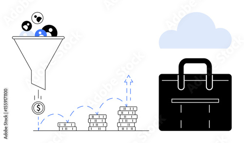 Funnel sorts audience into leads, coins stack to show revenue growth, briefcase symbolizes business goals. Ideal for marketing, sales, strategy, finance, planning, entrepreneurship simple flat