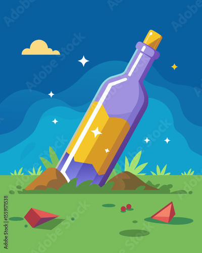 A broken glass bottle evidence of a party or gathering in the park that was not properly cleaned up afterwards.. Vector illustration