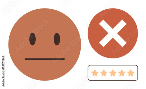 Neutral expression face with a red cross mark and 5-star rating layout. Ideal for feedback, rating systems, dissatisfaction, evaluation, user opinion, reviews, simple flat metaphor