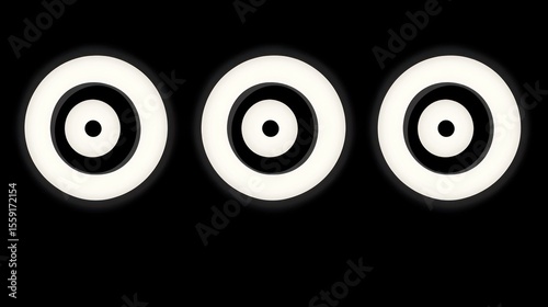 Three Concentric Circles: Luminous Rings on Black Background, Minimalist Design