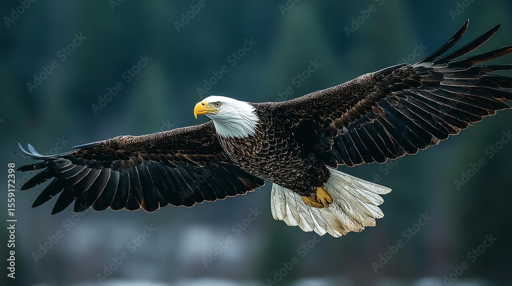 Fototapeta premium Majestic bald eagle glides effortlessly through the air, showcasing its impressive wingspan against a serene backdrop.