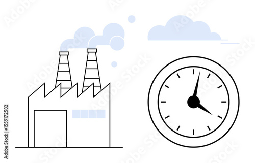Factory with two smokestacks emitting steam alongside an analog clock. Ideal for production, time, industry, efficiency, manufacturing, deadlines, and work-life balance. Simple flat metaphor