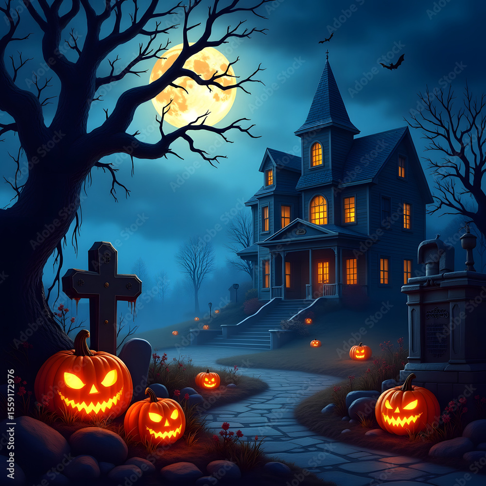 Fototapeta premium Spooky Halloween Night with Glowing Pumpkins and Haunted House