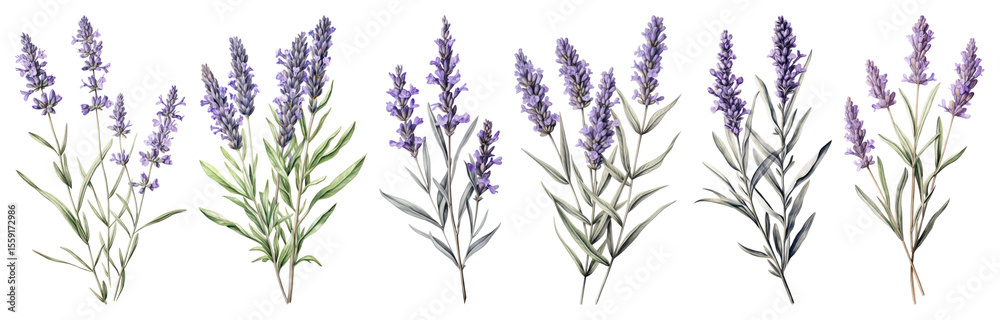Fototapeta premium PNG Lavender botanical watercolor illustration, element set on transparent background