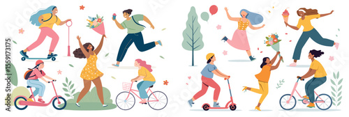 Big Summer Vector Set of Happy Active People – Dancing, Walking, Biking, Rollerblading & Scootering Fun Characters

