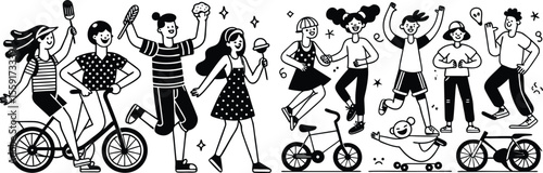 Big Summer Vector Set of Happy Active People – Dancing, Walking, Biking, Rollerblading & Scootering Fun Characters

