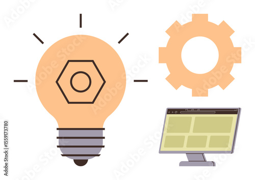 Lightbulb symbolizes ideas, gear represents processes, and monitor refers to technology. Ideal for innovation, productivity, brainstorming, teamwork, digital transformation, problem-solving