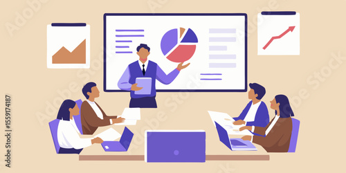 Business meeting with a presenter showing a pie chart and growth graph
