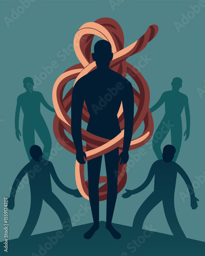 The shadowy outline of a person tangled in a knot with several other figures depicting the internal struggle of finding balance and harmony within oneself.. Vector illustration