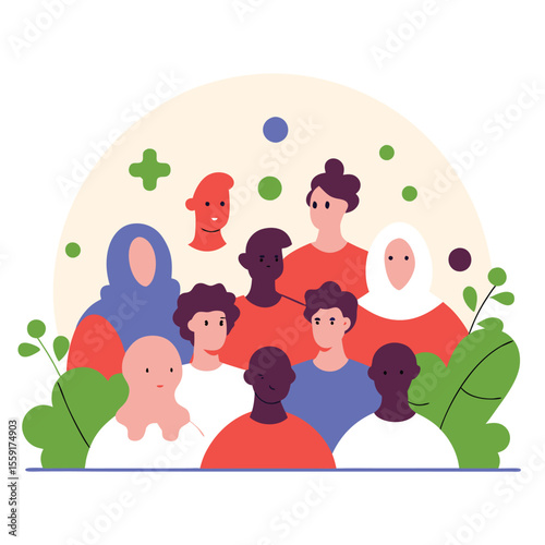 Diverse group of people with different skin tones and head coverings standing together