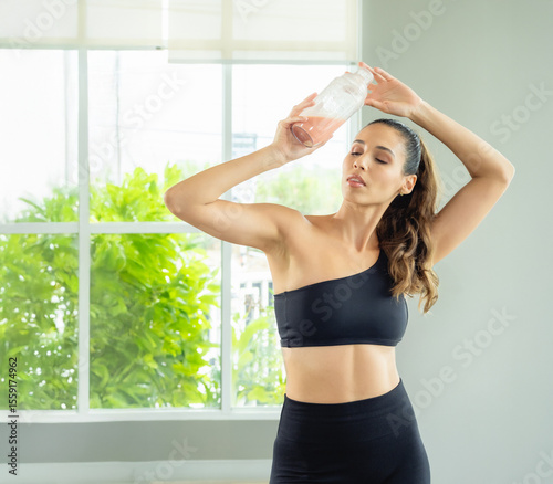 Latin woman like training activity exercise sport test body slim one people fit strong for healthy joy fun hand holding health drinks in indoor gym fitness class room with love care happy day time.