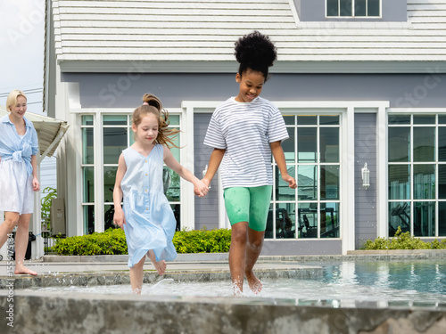 Single mother woman and child daughter sibling carefree smile cheerful leisure activity playing water swimming pool summer fun enjoy relax outdoor travel hotel with love care happy family holiday time