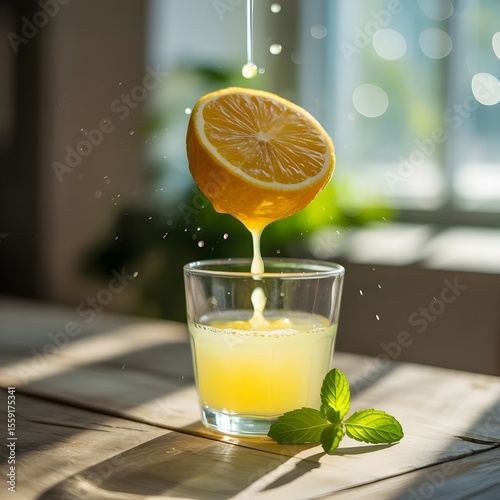 Fresh Lemon Juice Squeezing into Glass with Natural Light
