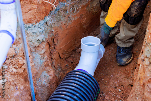 Tableau sur toile Worker connects drainage pipe trench, ensuring proper installation at constructi