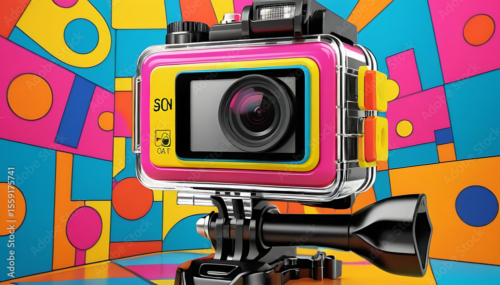 Fototapeta premium Vibrant Action Camera Against Geometric Background