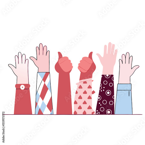 Diverse hands raised in agreement and support with thumbs up