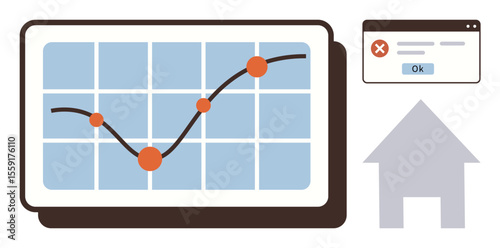 Digital chart with upward trendline and orange data points, error popup window, and home icon. Ideal for business growth, analytics, technology, problem-solving, strategy, startup or innovation