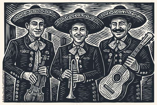 A mariachi band of three musicians with a guitar, violin, and trumpet. Vector illustration in a vintage woodcut or linocut print style for a Mexican theme.