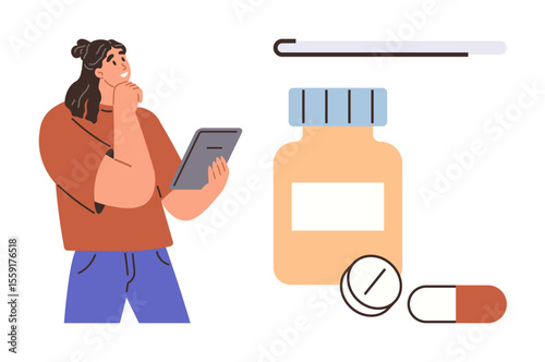 Woman holding tablet in thoughtful pose near medicine bottle, capsule, tablet, progress bar. Ideal for healthcare, self-care, online pharmacy, decision-making, drug information e-health simple flat